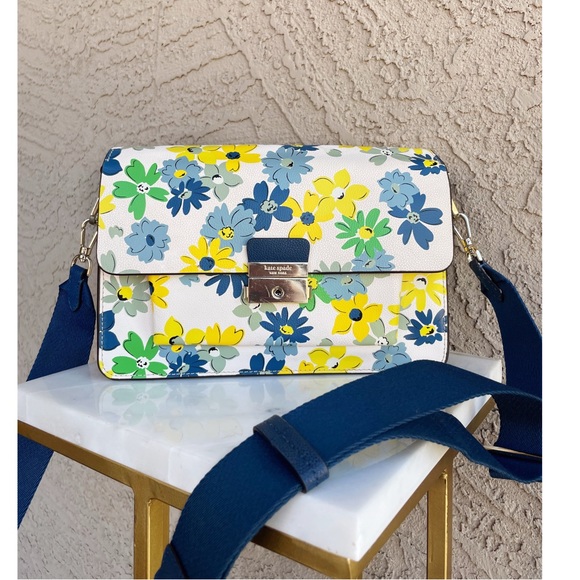 KATE SPADE Blue White Yellow Voyage Floral Leather Handle Crossbody Shoulder Bag